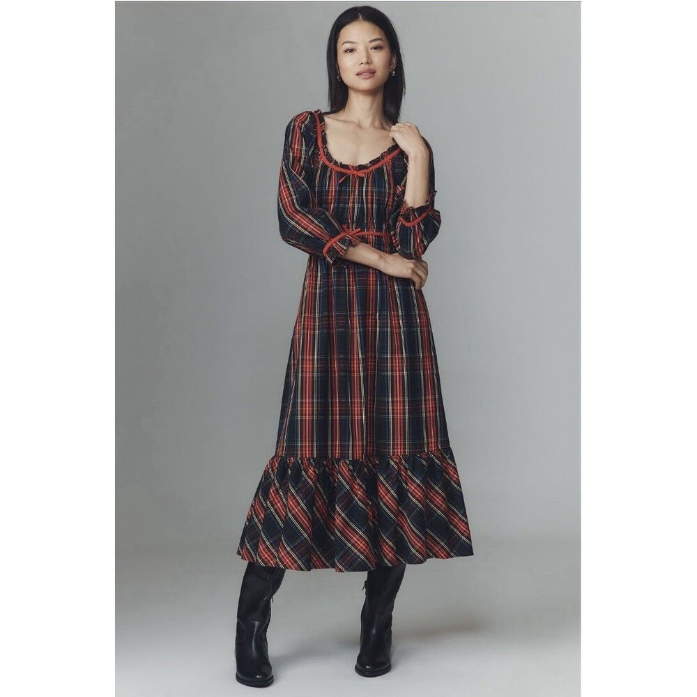 Anthropologie Pink City Print Agatha Scoop Neck Ruffle Hem Midi Dress Sz XS Red